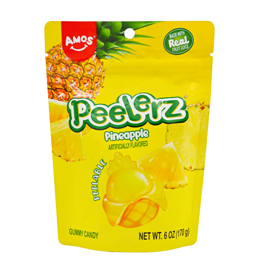 Amos Peelerz Pineapple peelable gummy candy 6oz bag made with real fruit juice pineapple wedge shaped gummies