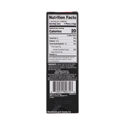 RainbowLand Candy Co. Amos TastySounds AudioLollipop nutrition facts and ingredient label, black packaging with strawberry flavored isomalt hard candy lollipop, 12g serving, made in China.