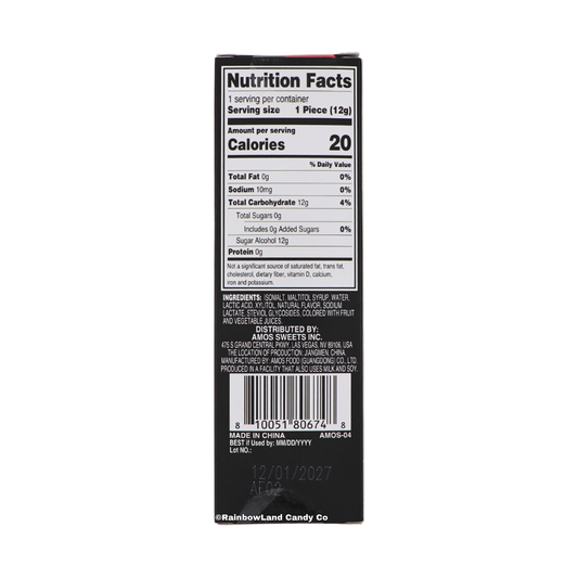 RainbowLand Candy Co. Amos TastySounds AudioLollipop nutrition facts and ingredient label, black packaging with strawberry flavored isomalt hard candy lollipop, 12g serving, made in China.