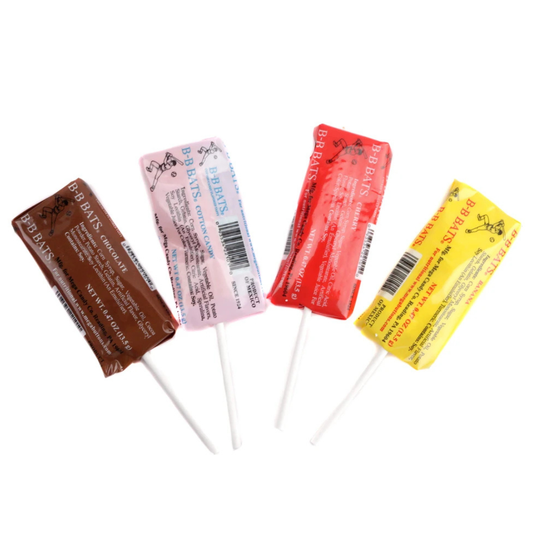 BB Bats Taffy Pop lollipop, individually wrapped, one of four flavors (Banana, Chocolate, Cherry, or Cotton Candy) from the classic 1924 retro candy brand.