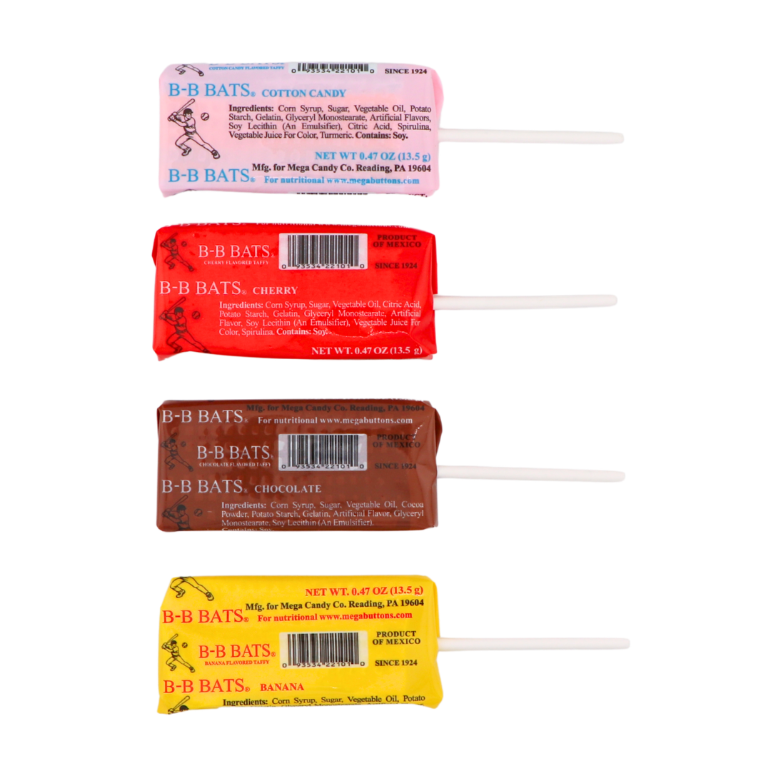 B-B Bats taffy pops, four wrapped bar taffy lollipops on white sticks in Cotton Candy, Cherry, Chocolate, and Banana flavors, baseball-themed pink, red, brown, and yellow wrappers.