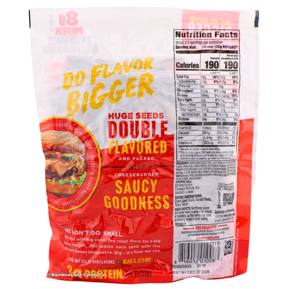 Back of BIGS Cheeseburger Sunflower Seeds bag showing the "Do Flavor Bigger" tagline, nutrition facts panel with kernel and shell-seasoning columns, ingredient list, and eating instructions.