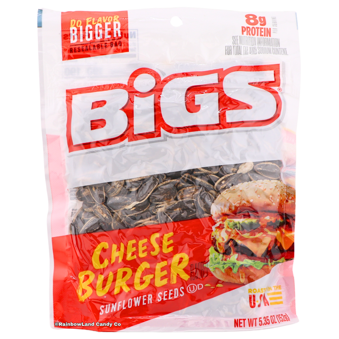 White and red BIGS Cheeseburger Sunflower Seeds bag with a clear window showing the seasoned sunflower seeds, a loaded cheeseburger image, "8g Protein," roasted in the USA, net weight 5.35 oz (152g).