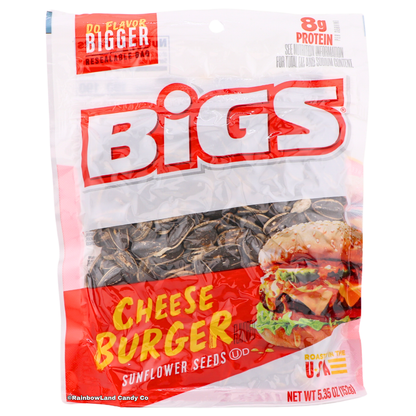 White and red BIGS Cheeseburger Sunflower Seeds bag with a clear window showing the seasoned sunflower seeds, a loaded cheeseburger image, "8g Protein," roasted in the USA, net weight 5.35 oz (152g).