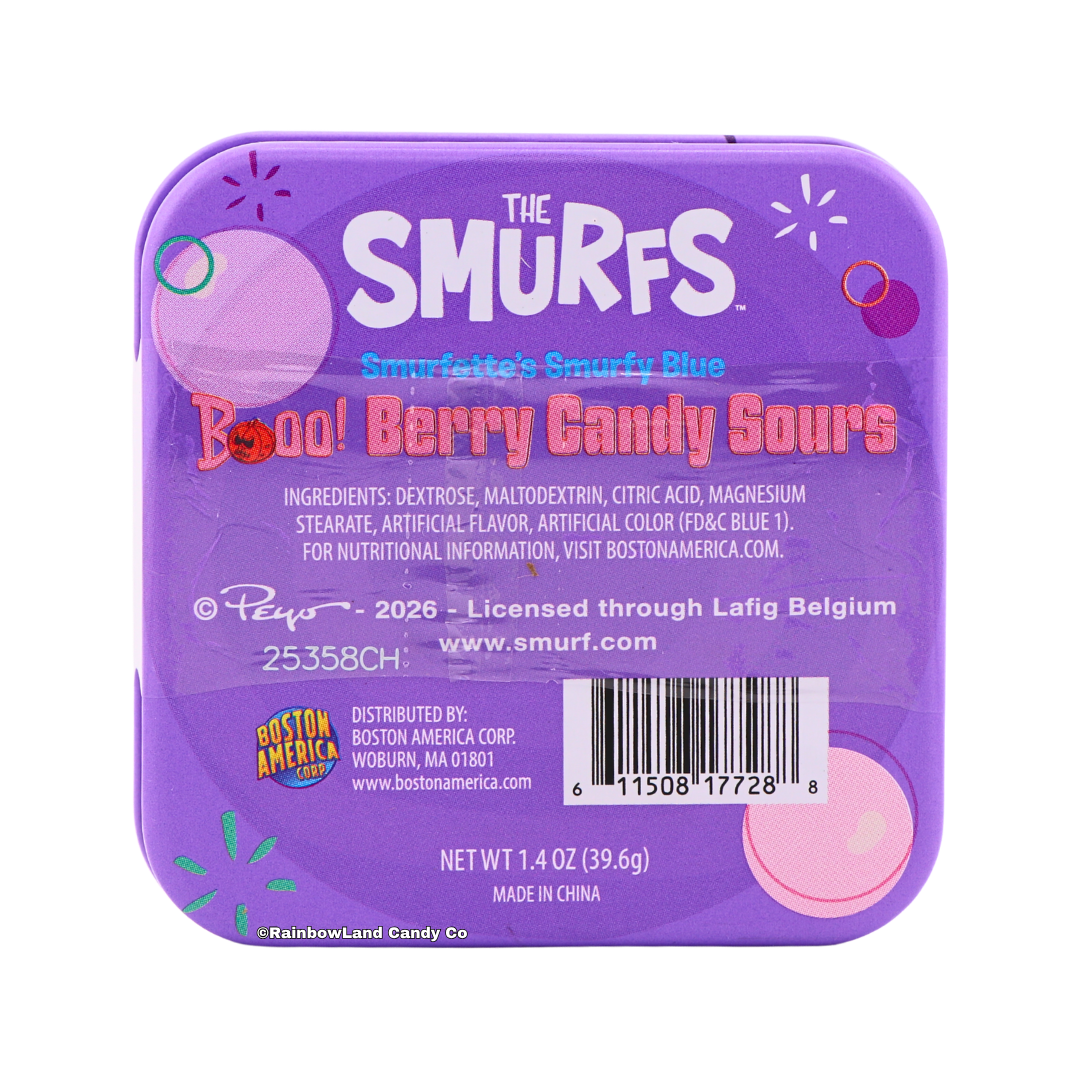 Back of the Smurfs Boo! Berry Candy Sours tin showing "The Smurfs" and "Smurfette's Smurfy Blue Booo! Berry Candy Sours" branding, ingredient list, and net weight 1.4 oz (39.6g).