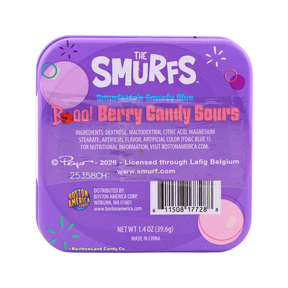 Back of the Smurfs Boo! Berry Candy Sours tin showing "The Smurfs" and "Smurfette's Smurfy Blue Booo! Berry Candy Sours" branding, ingredient list, and net weight 1.4 oz (39.6g).