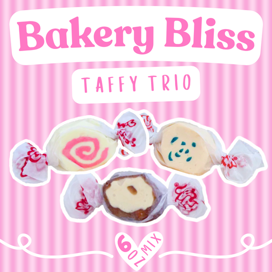 Bakery Bliss Taffy Trio promotional image showing three wrapped Salt Water Taffy pieces in Strawberry Cheesecake, Blueberry Muffin, and Chocolate Caramel Mocha flavors on a pink striped background with a "6 oz Mix" label.