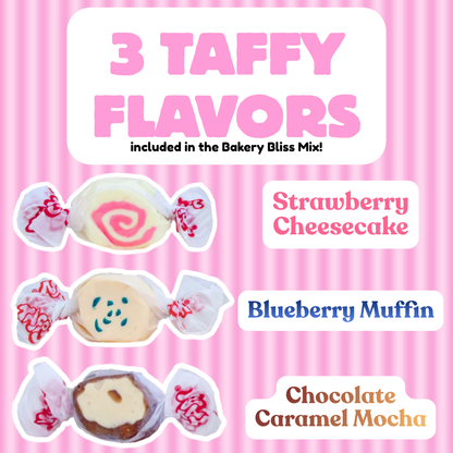 Bakery Bliss Taffy Trio flavor guide showing three individually wrapped taffy pieces labeled Strawberry Cheesecake, Blueberry Muffin, and Chocolate Caramel Mocha on a pink striped background.