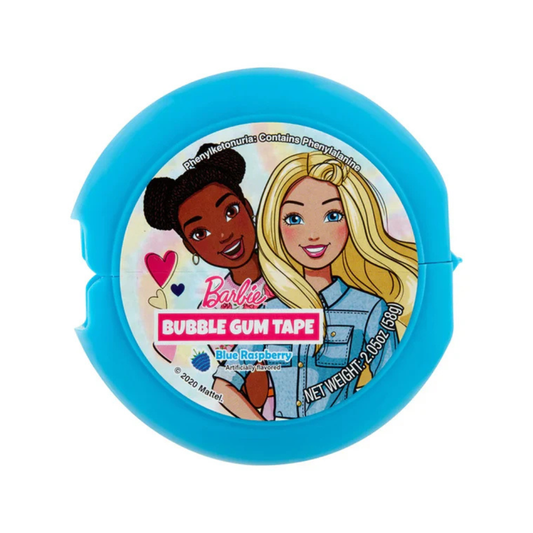 Barbie Bubble Gum Tape container, blue lid, showing Barbie and a friend on the label, "Blue Raspberry" flavor text, net weight 2.05 oz.