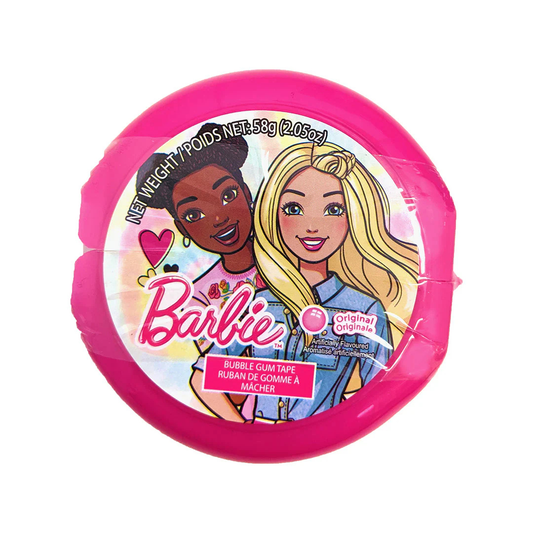 Barbie Bubble Gum Tape container, pink lid, showing Barbie and a friend on the label, "Original" flavor text in English and French, net weight 2.05 oz (58g).