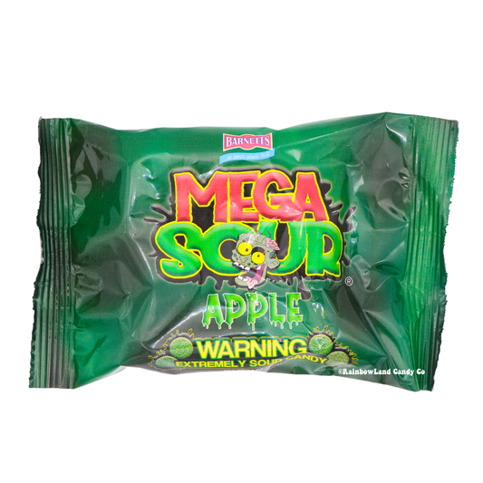 Barnetts Mega Sour Apple extremely sour hard candy 3.7oz bag with official warning label bold deep green packaging