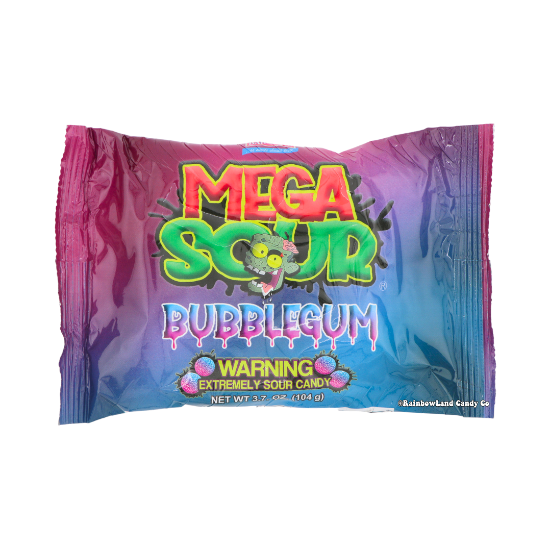 Barnetts Mega Sour Bubblegum extremely sour candy 3.7oz bag with warning label pink purple and blue gradient packaging