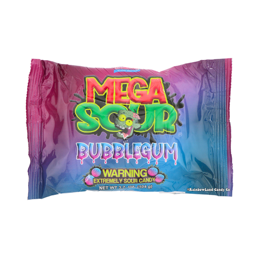 Barnetts Mega Sour Bubblegum extremely sour candy 3.7oz bag with warning label pink purple and blue gradient packaging