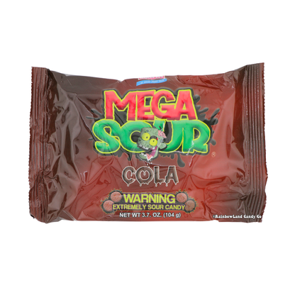 Barnetts Mega Sour Cola extremely sour hard candy 3.7oz bag with official warning label rich dark brown cola themed packaging