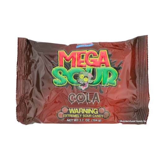 Barnetts Mega Sour Cola extremely sour hard candy 3.7oz bag with official warning label rich dark brown cola themed packaging
