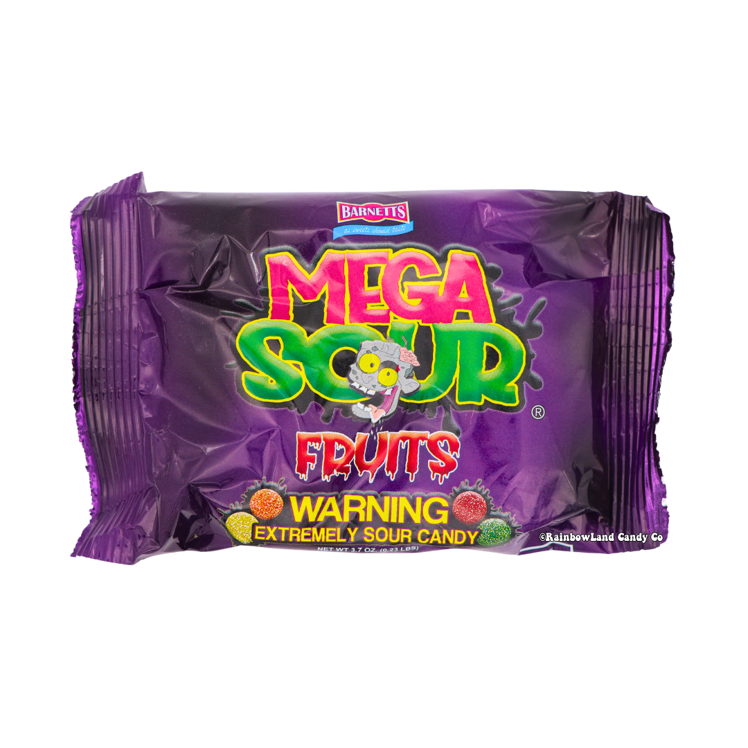 Barnetts Mega Sour Fruits assorted extremely sour hard candy 3.7oz bag with official warning label bold purple packaging and mixed fruit flavors