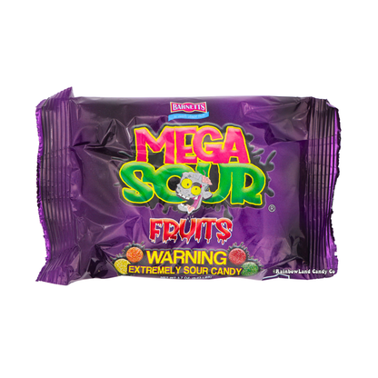 Barnetts Mega Sour Fruits assorted extremely sour hard candy 3.7oz bag with official warning label bold purple packaging and mixed fruit flavors