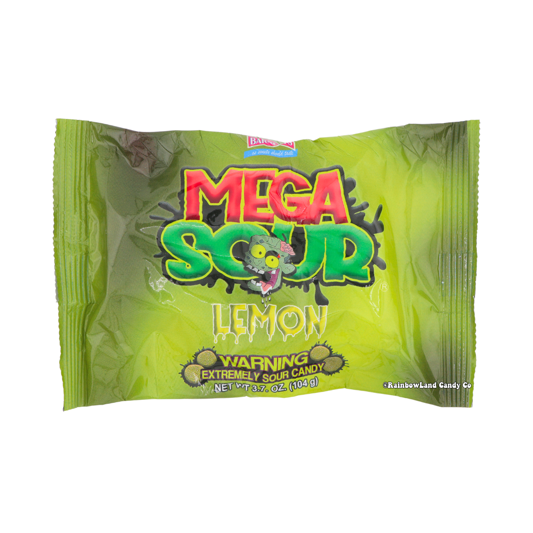Barnetts Mega Sour Lemon extremely sour hard candy 3.7oz bag with official warning label bright lime green packaging