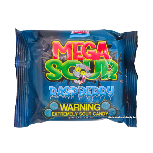 Barnetts Mega Sour Raspberry extremely sour hard candy 3.7oz bag with official warning label bold deep blue packaging