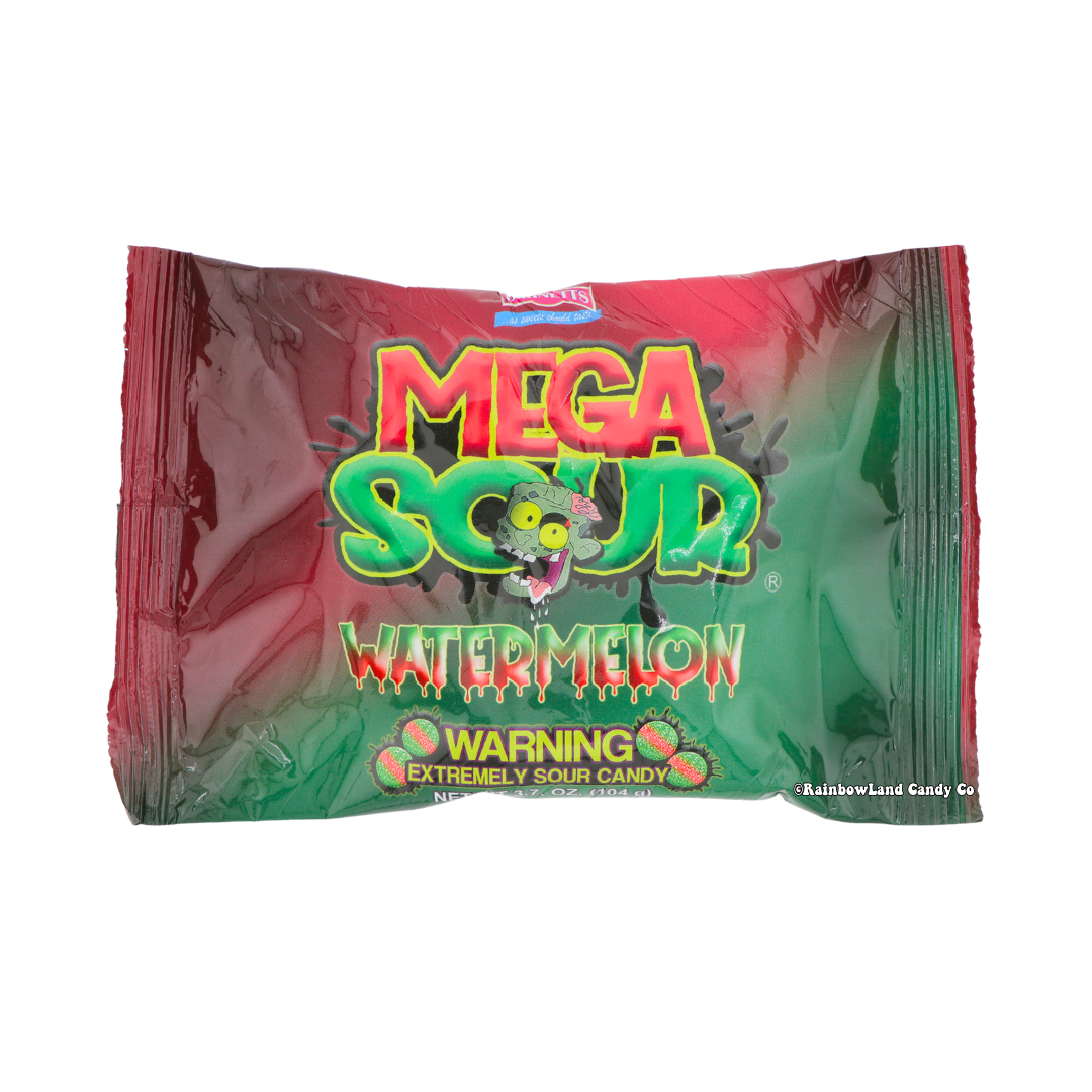 Barnetts Mega Sour Watermelon extremely sour hard candy 3.7oz bag with official warning label red and green watermelon themed packaging