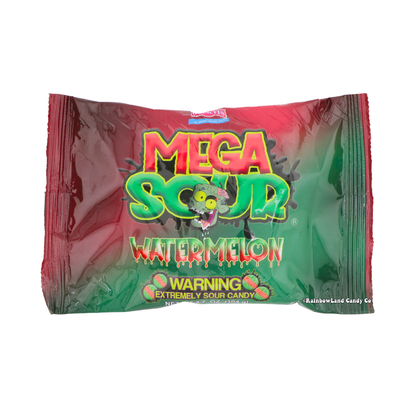 Barnetts Mega Sour Watermelon extremely sour hard candy 3.7oz bag with official warning label red and green watermelon themed packaging