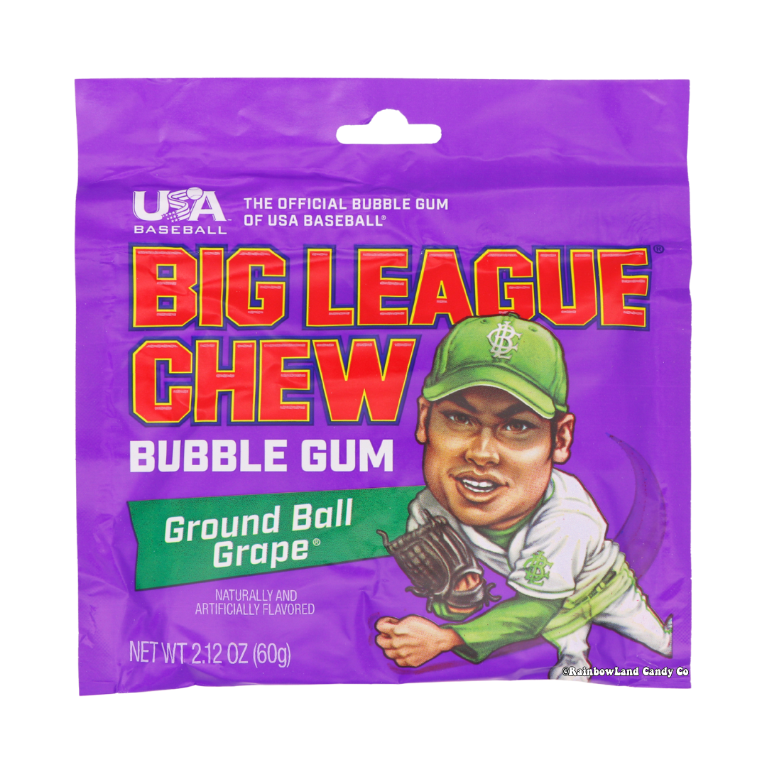 Purple 2.12 oz Big League Chew Ground Ball Grape bubble gum bag featuring a baseball fielder mascot in a green uniform, USA Baseball official gum branding, and Ground Ball Grape flavor callout.