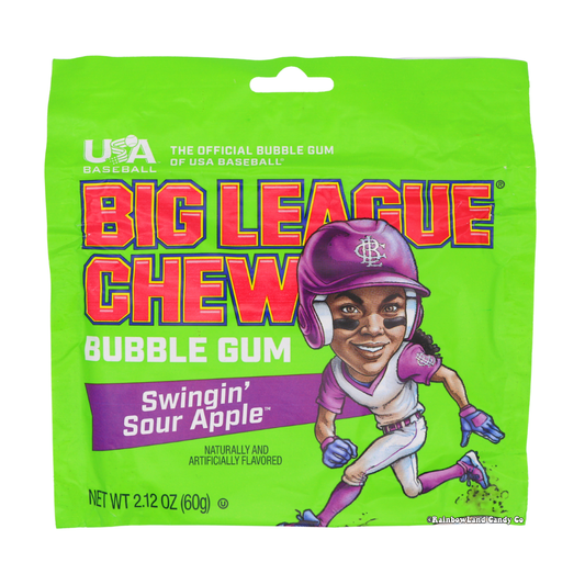 Green 2.12 oz Big League Chew Swingin' Sour Apple bubble gum bag featuring a female softball player mascot in a purple helmet and pink uniform, USA Baseball official gum branding, and Swingin' Sour Apple flavor callout.
