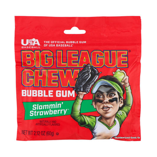 Big League Chew Slammin' Strawberry shredded bubble gum pouch 2.12oz, the Official Bubble Gum of USA Baseball.