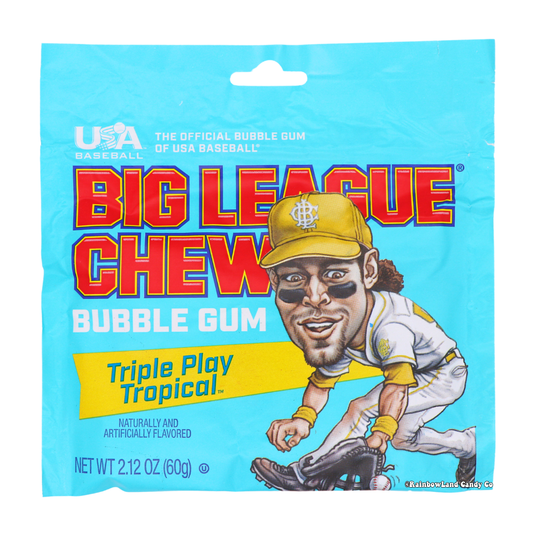 Big League Chew Tropical Bubble Gum packaging with baseball player illustration.