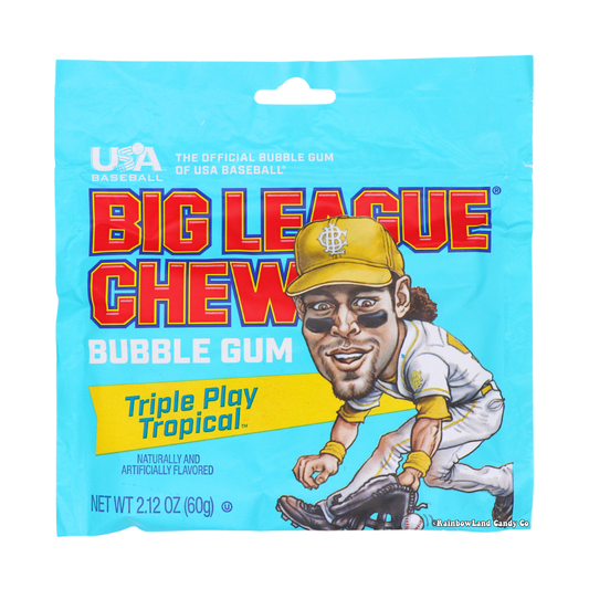 Big League Chew Triple Play Tropical shredded bubble gum pouch 2.12oz - fruity bubblegum with pineapple, citrus, and banana flavor.