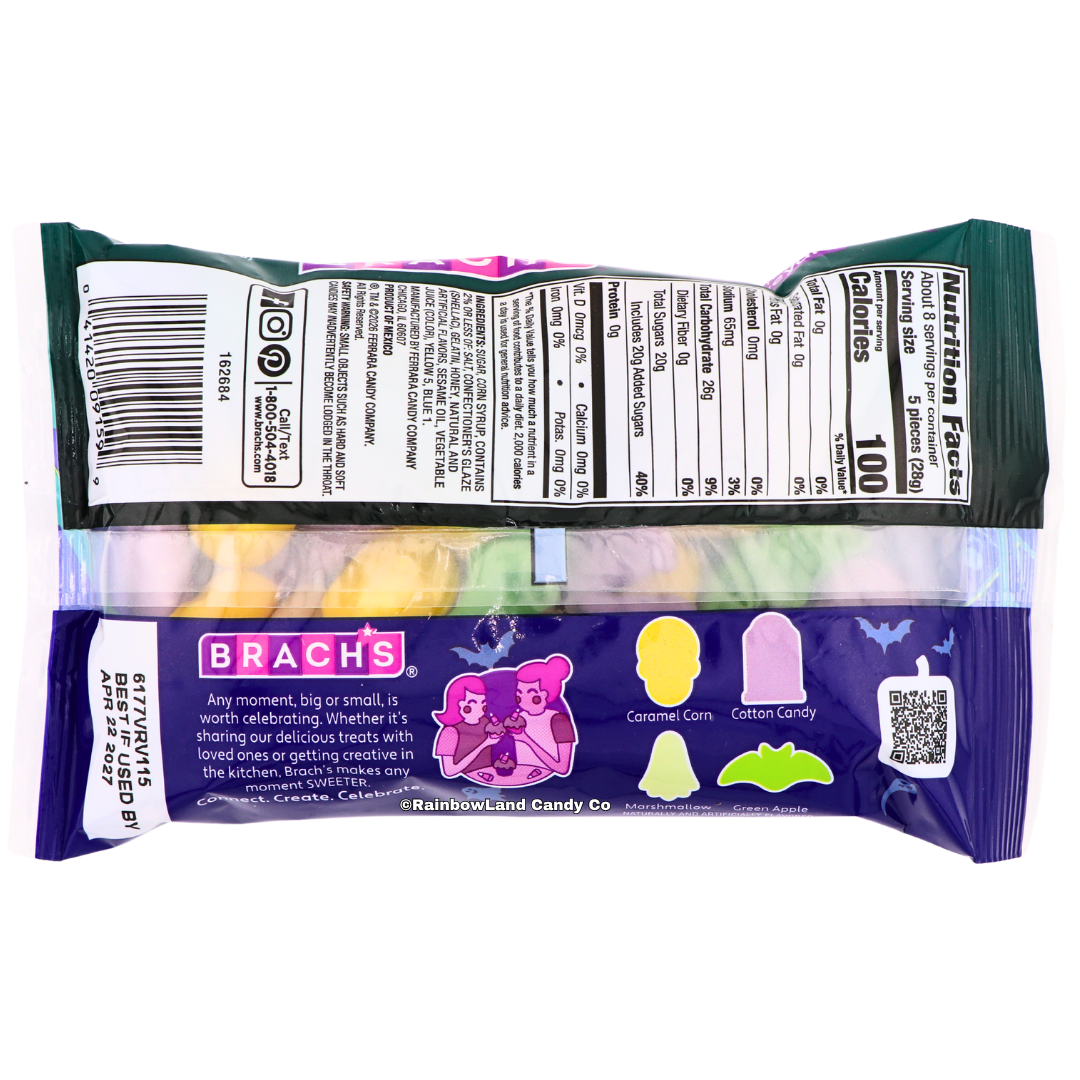 Back of Brach's Mellowcreme Spooky Graveyard Candy bag showing the nutrition facts panel, ingredient list, a window displaying the assorted pastel Halloween-shaped candies, and Brach's brand messaging.