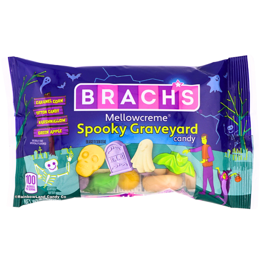 Purple Brach's Mellowcreme Spooky Graveyard Candy bag featuring skull, tombstone, ghost, and bat shaped mellowcreme candies in Caramel Corn, Cotton Candy, Marshmallow, and Green Apple flavors, with a Halloween graveyard scene of a skeleton and Frankenstein-style monster, net weight 8 oz (226g).