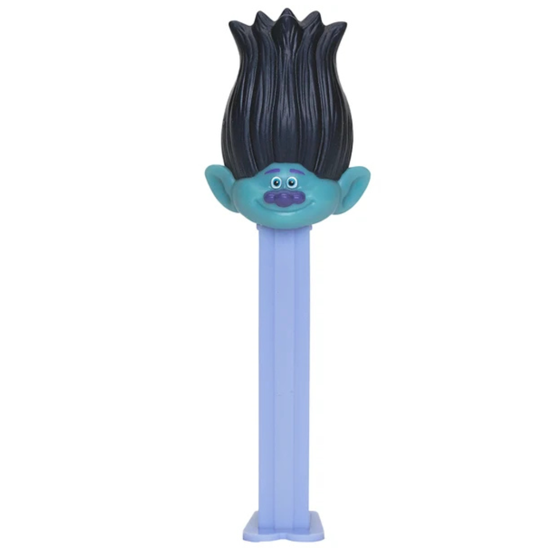 Trolls World Tour Branch PEZ dispenser with teal skin and tall black hair, light blue dispenser.