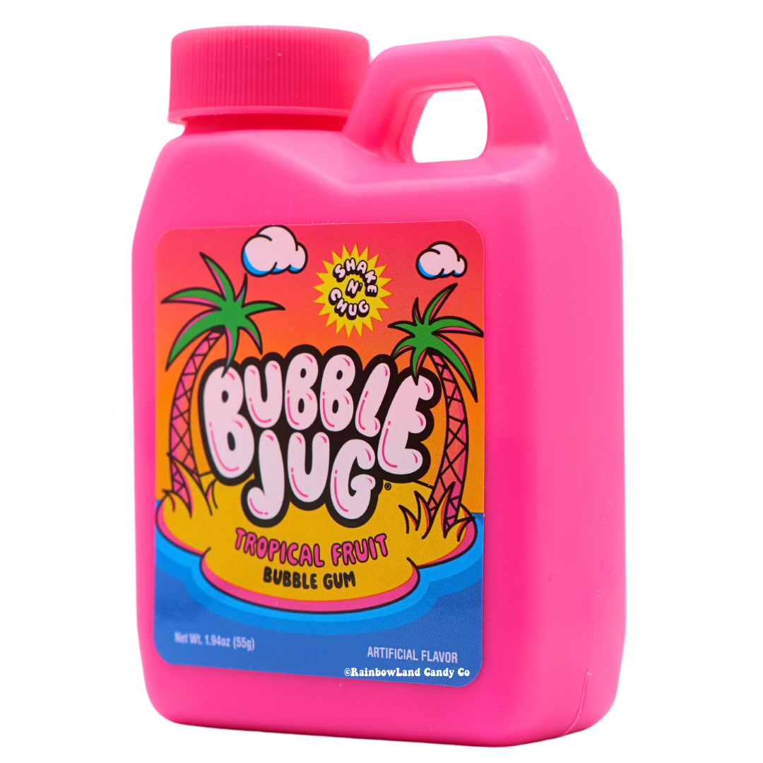 Bubble Jug Tropical Fruit Bubble Gum, 1.94 oz, in a bright pink jug-shaped container with a pink screw-on cap and a retro 90s-style label featuring palm trees and "Shake N' Chug" branding.