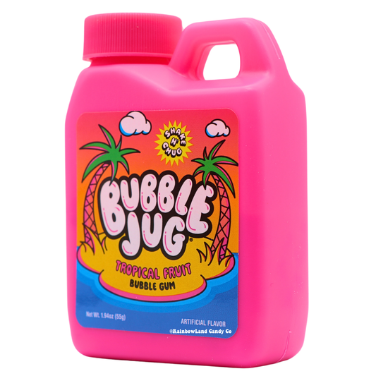 Bubble Jug Tropical Fruit Bubble Gum, 1.94 oz, in a bright pink jug-shaped container with a pink screw-on cap and a retro 90s-style label featuring palm trees and "Shake N' Chug" branding.