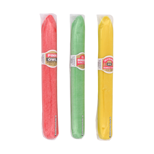 Assorted bubble gum cigars candy in six fruity flavors including orange, grape, strawberry, green apple, and banana.