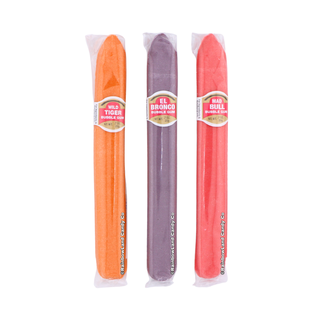 Old fashioned bubble gum cigars candy shaped like cigars in colorful packaging.