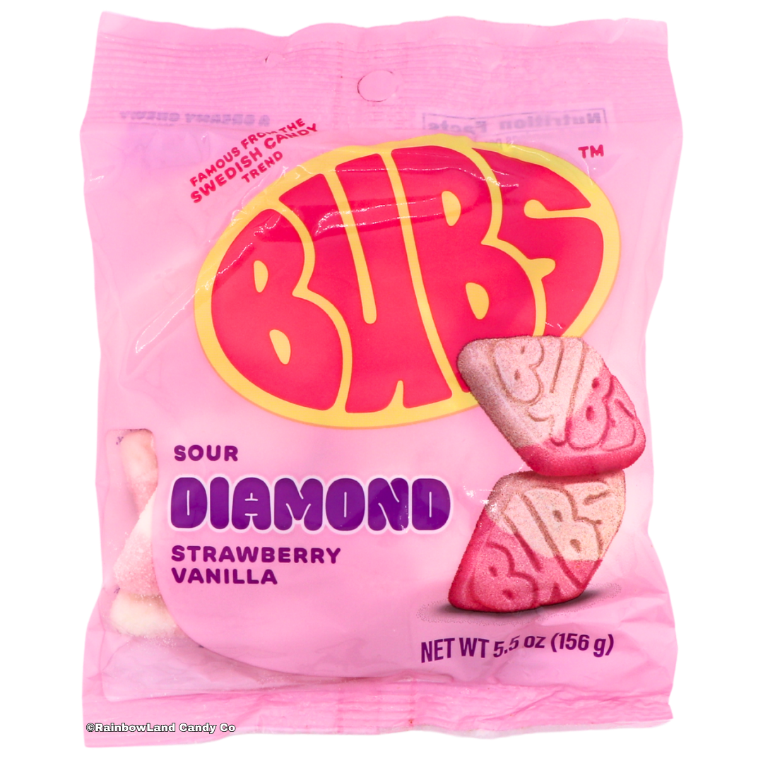 Pink 5.5 oz bag of Bubs Sour Diamond Candy featuring diamond-shaped strawberry vanilla sour foam gummies with a sour sugar coating and the Bubs logo.