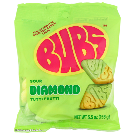 Green 5.5 oz bag of Bubs Sour Diamond Candy featuring diamond-shaped tutti frutti sour foam gummies in green and yellow with a sour sugar coating and the Bubs logo.