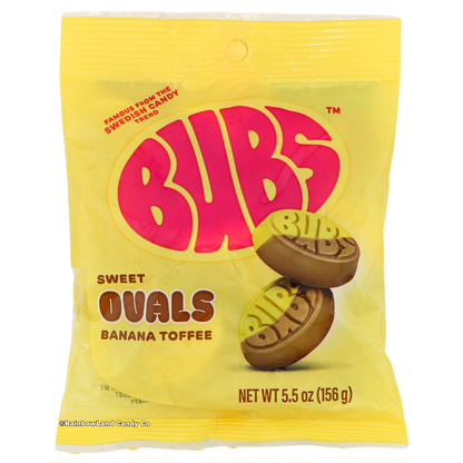 Yellow Bubs Sweet Ovals Banana Toffee candy bag featuring the pink Bubs logo and two oval-shaped brown candies embossed with the Bubs name, labeled Sweet Ovals Banana Toffee, net weight 5.5 oz (156 g).