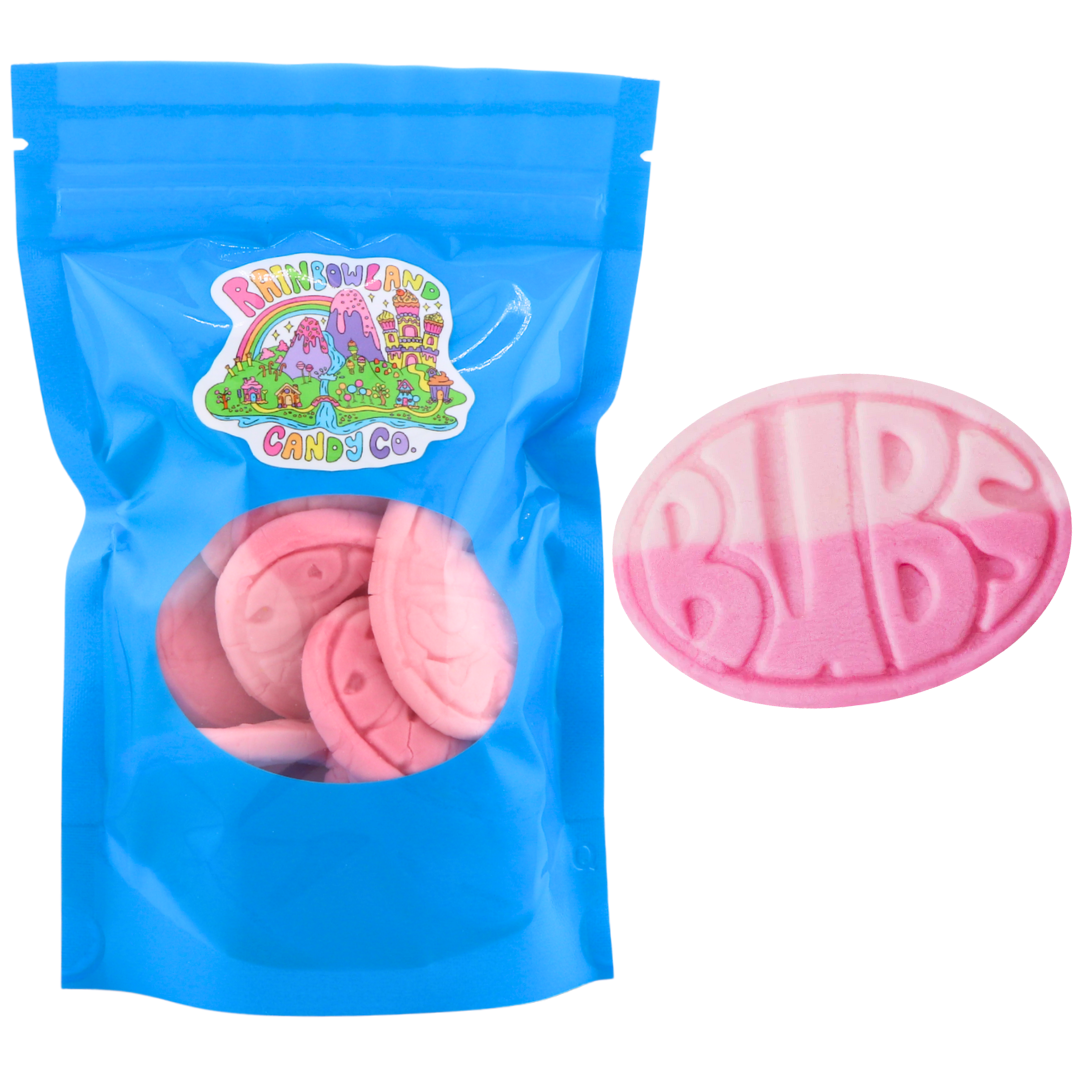 BUBS wild berry pomegranate ovals Swedish foam candy with soft chewy vegan texture.