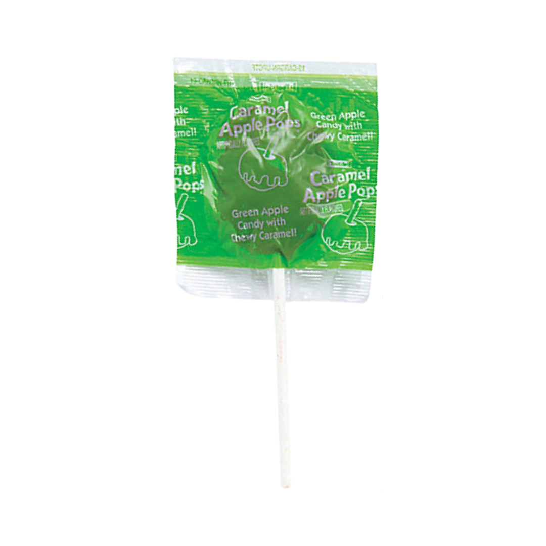 Caramel Apple Lollipop featuring a green candy wrapper with white text reading "Green Apple Candy with Chewy Caramel," attached to a white lollipop stick.