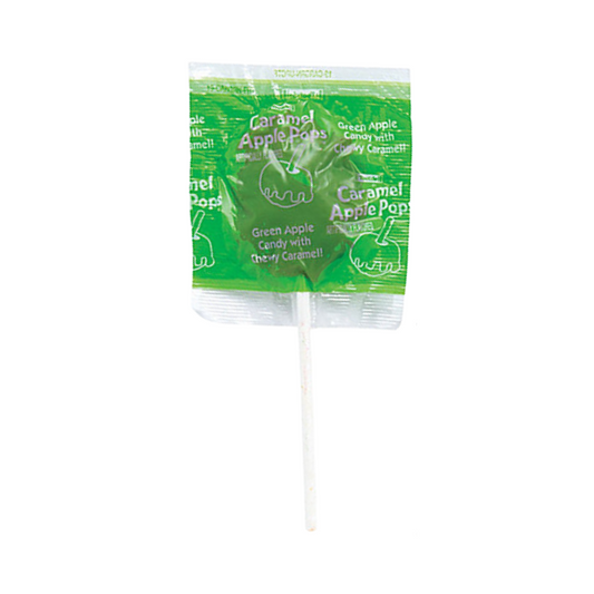 Caramel Apple Lollipop featuring a green candy wrapper with white text reading "Green Apple Candy with Chewy Caramel," attached to a white lollipop stick.