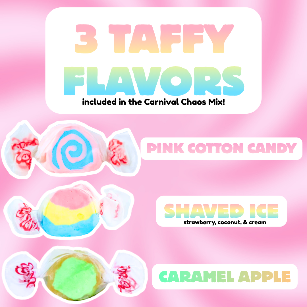 Carnival Chaos Taffy Trio Mix | Pink Cotton Candy, Shaved Ice, & Caramel Apple 6 oz bag