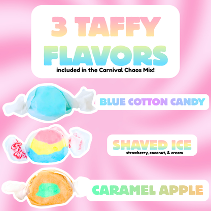 Carnival Chaos Taffy Trio flavor breakdown showing three salt water taffy pieces in blue cotton candy, shaved ice strawberry coconut and cream, and caramel apple flavors on a pink background