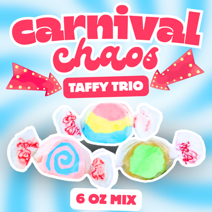 Carnival Chaos Taffy Trio Mix | Pink Cotton Candy, Shaved Ice, & Caramel Apple 6 oz bag