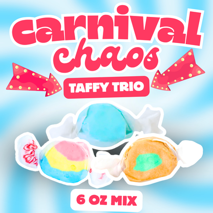 Carnival Chaos Taffy Trio Mix | Blue Cotton Candy, Shaved Ice, & Caramel Apple 6 oz bag