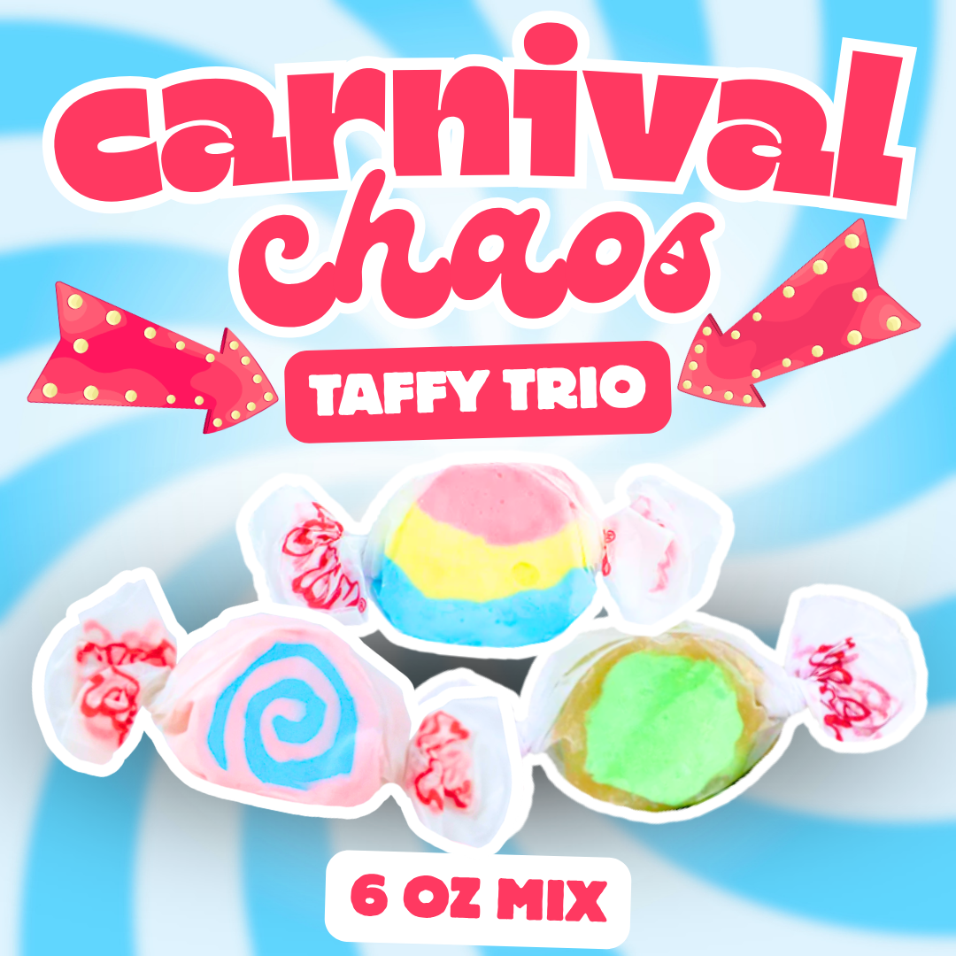 Carnival Chaos Taffy Trio saltwater taffy mix, 6 oz bag — pink, yellow, and blue swirl taffy, pink and blue cotton candy swirl taffy, and green and gold sour apple taffy, wrapped in white twist wrappers on a blue swirl background with 'Carnival Chaos' and 'Taffy Trio' text.
