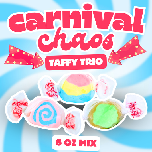 Carnival Chaos Taffy Trio saltwater taffy mix, 6 oz bag — pink, yellow, and blue swirl taffy, pink and blue cotton candy swirl taffy, and green and gold sour apple taffy, wrapped in white twist wrappers on a blue swirl background with 'Carnival Chaos' and 'Taffy Trio' text.