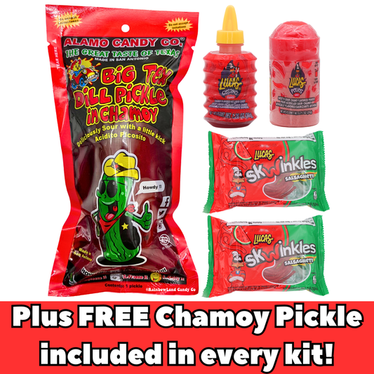 Chamoy Pickle Kit featuring an Alamo Big Tex Dill Pickle in Chamoy bag, Lucas Gusano Chamoy bottle, Lucas Polvos chamoy powder, and two Lucas Salsagheti Watermelon candy packs, with a banner noting a free bonus pickle included.